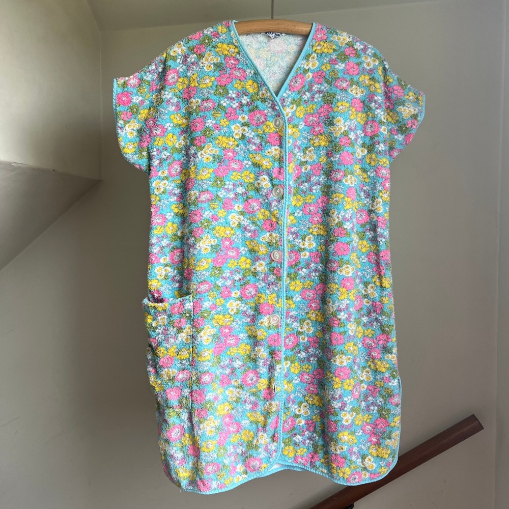Vintage Wrap-Sak Barry Robe Blue Floral Terry Cloth Button Front 70s Retro MCM